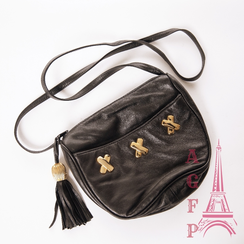 Vintage leather black & gold small crossbody bag